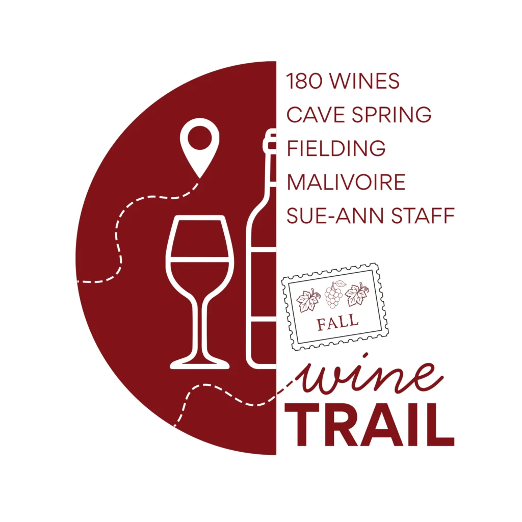 “Fall Wine Trail graphic featuring a wine glass, bottle, and map route, with participating wineries 180 Estate, Cave Spring, Fielding, Malivoire, and Sue-Ann Staff.”