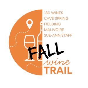 Fall Wine Trail logo for the Niagara Benchlands, featuring participating wineries 180 Wines, Cave Spring, Fielding, Malivoire and Sue-Ann Staff.